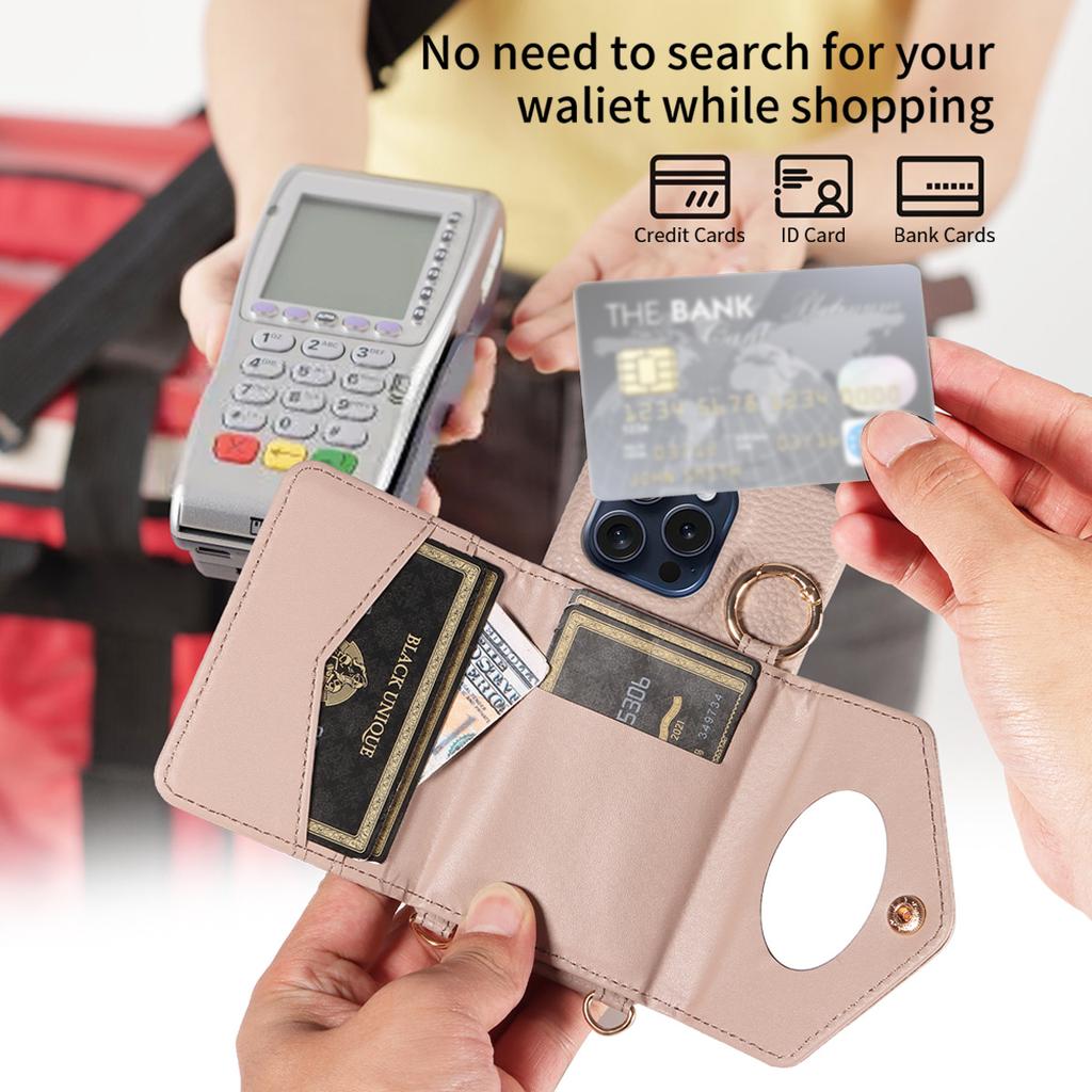 Чехол для телефона из искусственной кожи для IPhone 15 14 Plus 13 12 11 Pro Max с длинной сумкой через плечо на шнурке, противоударный чехол, с зеркалом