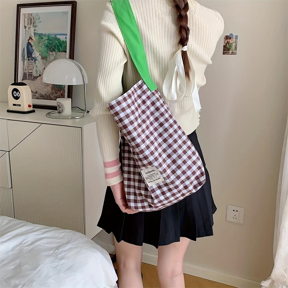 Шикарная клетчатая холщовая сумка-тоут для женщин, большая вместимость, идеально подходит для пляжа, путешествий и шопинга