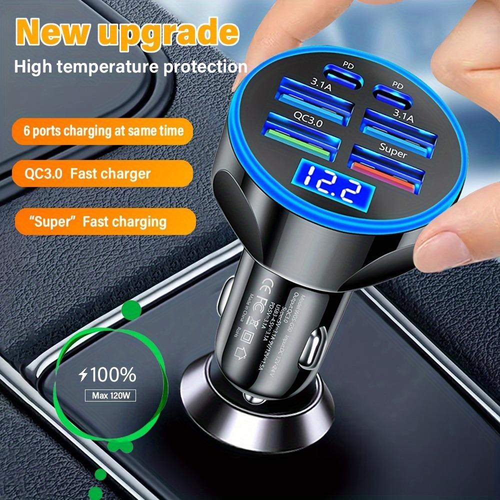 6-Port Fast Car Charger, 120W Multi USB Charger with 2 PD & 4 USB Ports, QC3.0 Super Fast Charging for Mobile Phones, Tablets