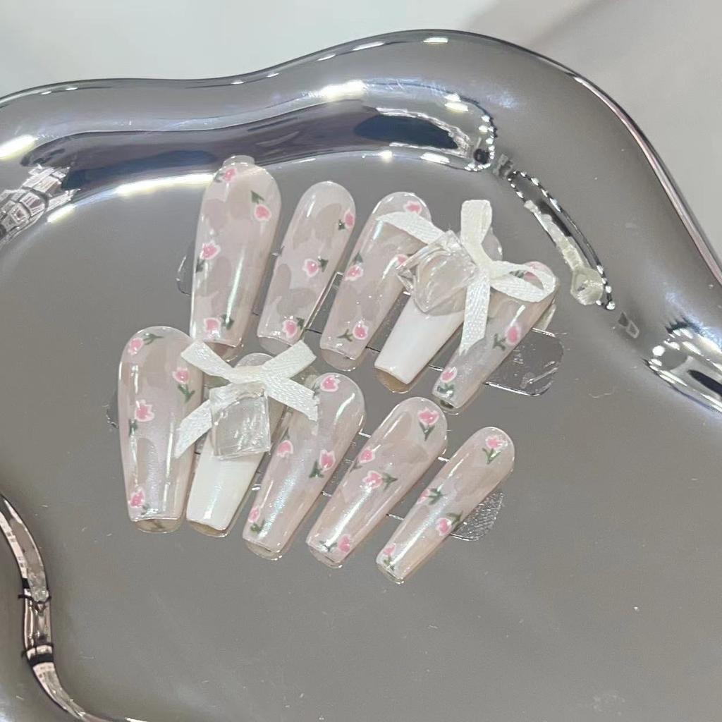 Pure Hand-wearing Nails with High-end Light Luxury Moon Powder Butterfly Manicure Removable Nails with Nails with Fake Nails