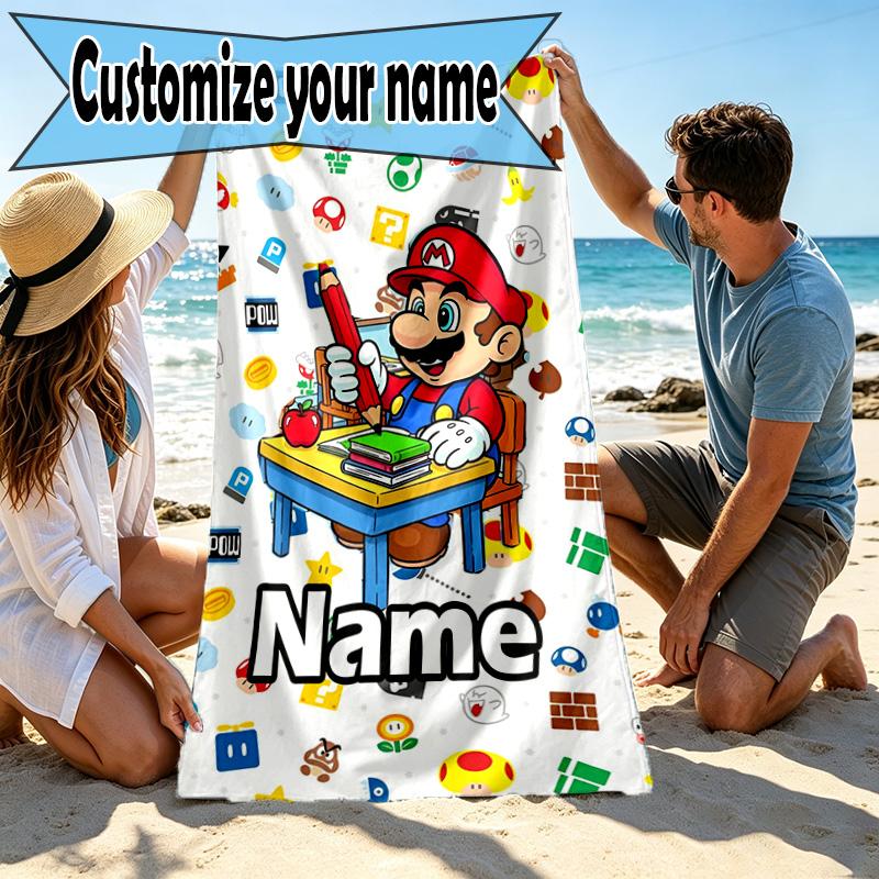 Custom Name Personalized Super Mario Print Beach Towel, for Trip Camping Beach Party Home Decor, Birthday Gift for Family & Friends