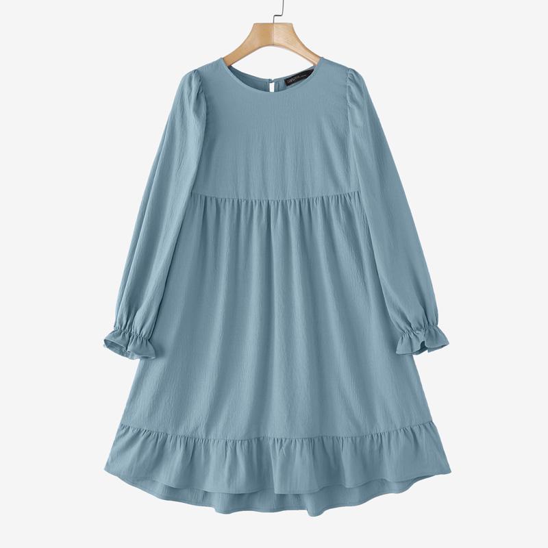 ZANZEA Women Casual Round Neck Solid Color Loose Long Sleeve Dress