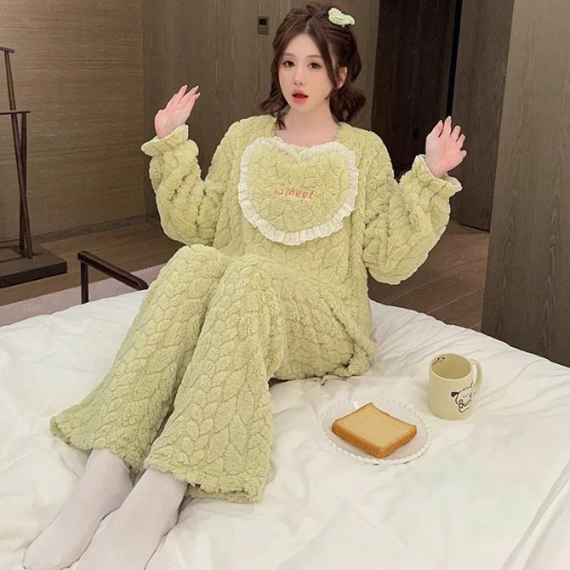 Женский зимний теплый пижамный комплект из кораллового флиса, топ с длинными рукавами и штаны, пижамный комплект из мягкой фланели, домашняя одежда, куртка