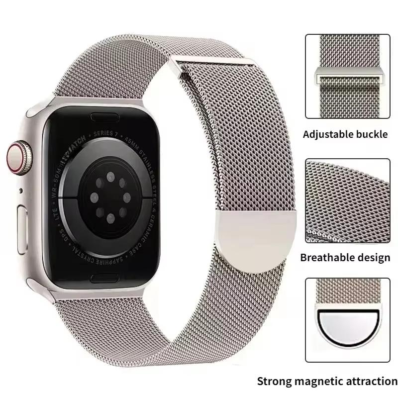 Миланский ремешок для Apple Watch 46 мм 42 мм 45 мм 44 мм 49 мм Магнитный ремешок из нержавеющей стали Ремешки для Iwatch Серии 11 10 9 8 SE 3 Ultra 2