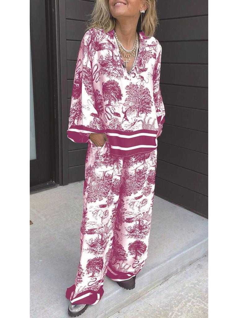 2024 V-neck Print Long Sleeve Women's Fashion Set with Pockets