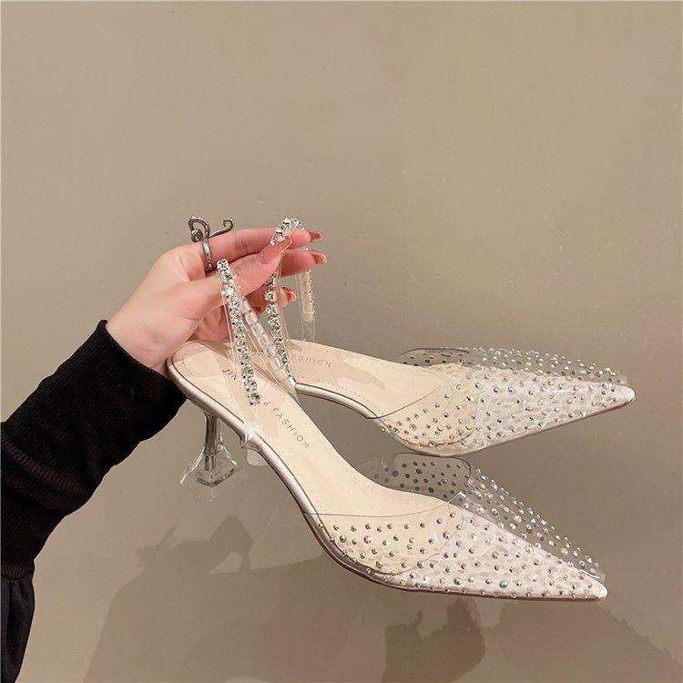 Остроконечные прозрачные туфли на высоком каблуке для женщин, лето 2024, новые туфли на тонком каблуке со стразами, нежное ветровое стекло Fairy