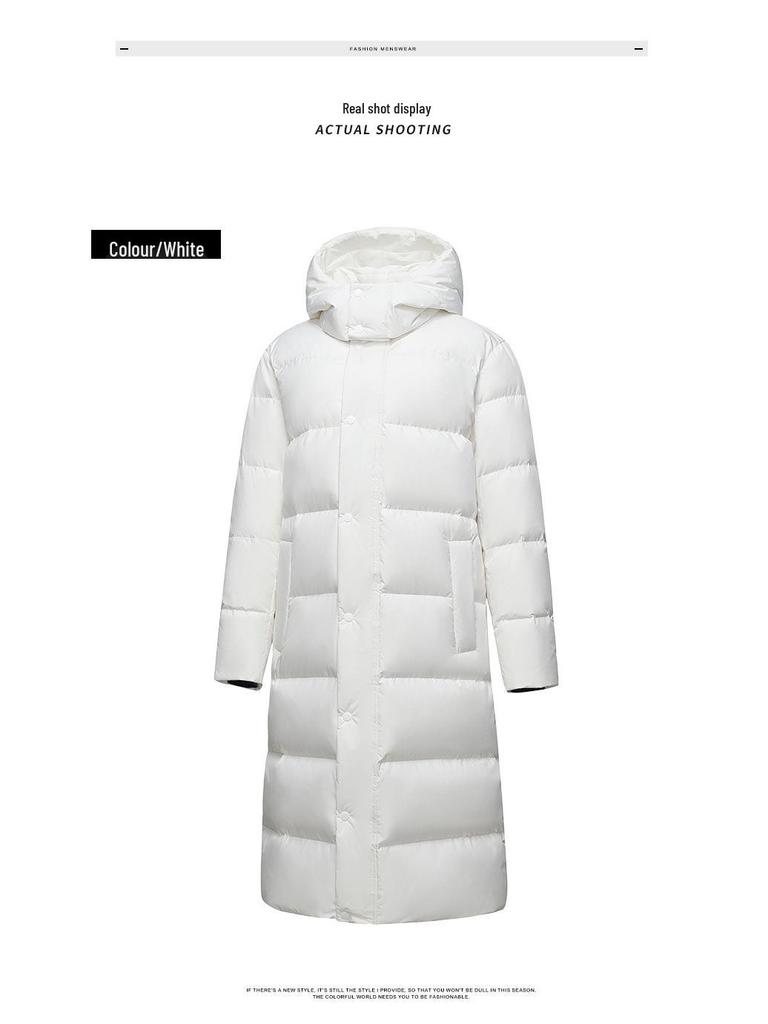 Модная длинная мужская зимняя пуховая куртка 2025 года - Белый утиный пух, Повседневный гонконгский стиль, Однотонная, Теплая верхняя одежда