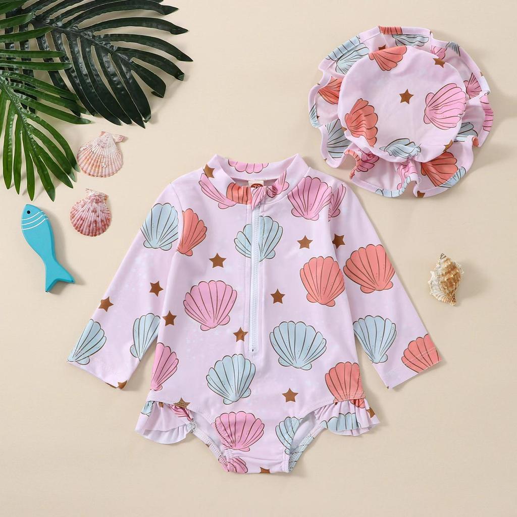Children's Floral Long-Sleeve Swimsuit & Sun Hat Set - Quick-Dry, Sun Protection, Fashionable Beachwear for Girls