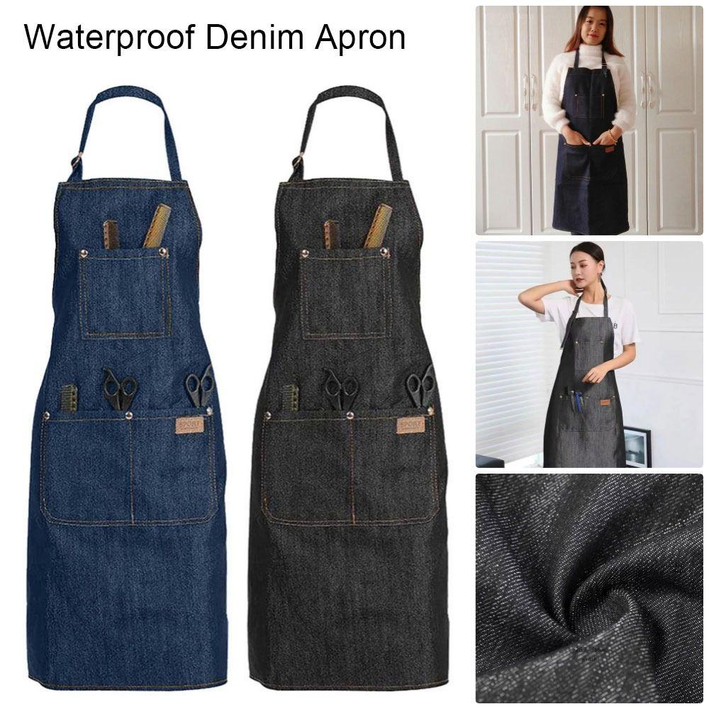 1 шт. Парикмахерский тканевый джинсовый фартук с регулируемой длиной, рабочая одежда для салона красоты с карманами, водонепроницаемая униформа парикмахера.