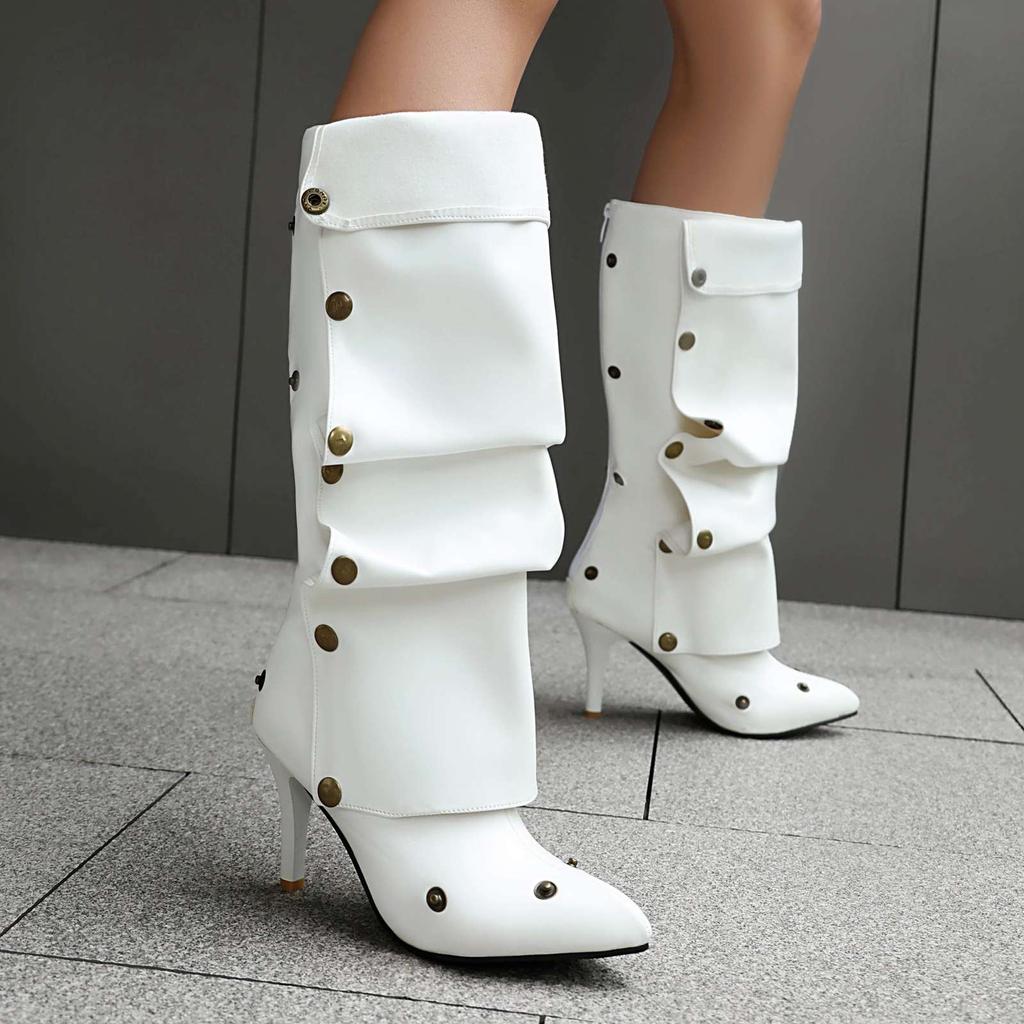 Lenkisen PU Осенне-зимние туфли с острым носком на шпильках Тонкие высокие каблуки Металлические заклепки Сохраняют тепло Модные сапоги до колена