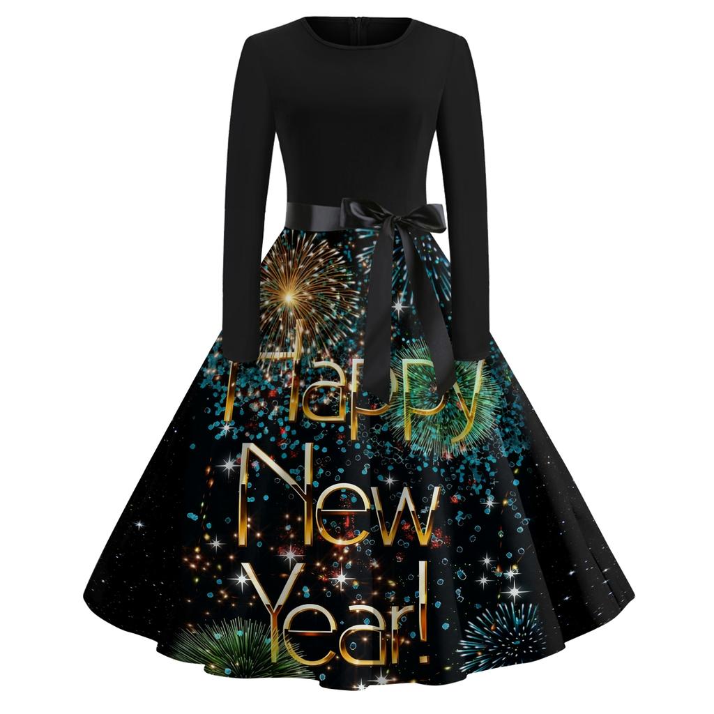 Женское повседневное модное платье с круглым вырезом и длинным рукавом с новогодним принтом в ретро-стиле