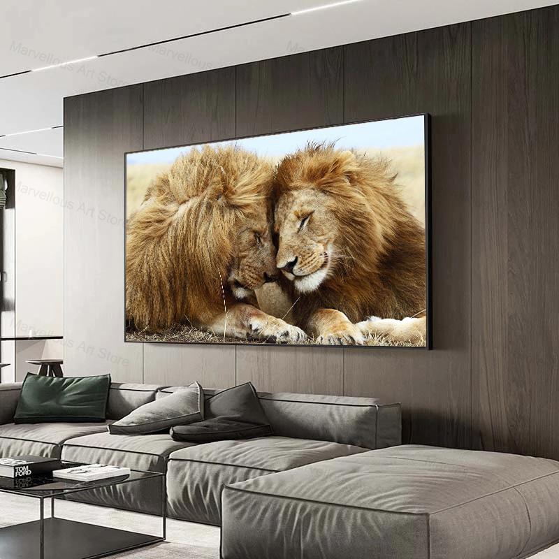 Черно-белые львы, картины на холсте на стене, художественные постеры и принты, африканские животные, голова к голове, картина Куадрос, домашний декор