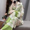 Green Floral Printed Ice Silk Pajamas Women's Long Sleeved Set Silk Home Clothing