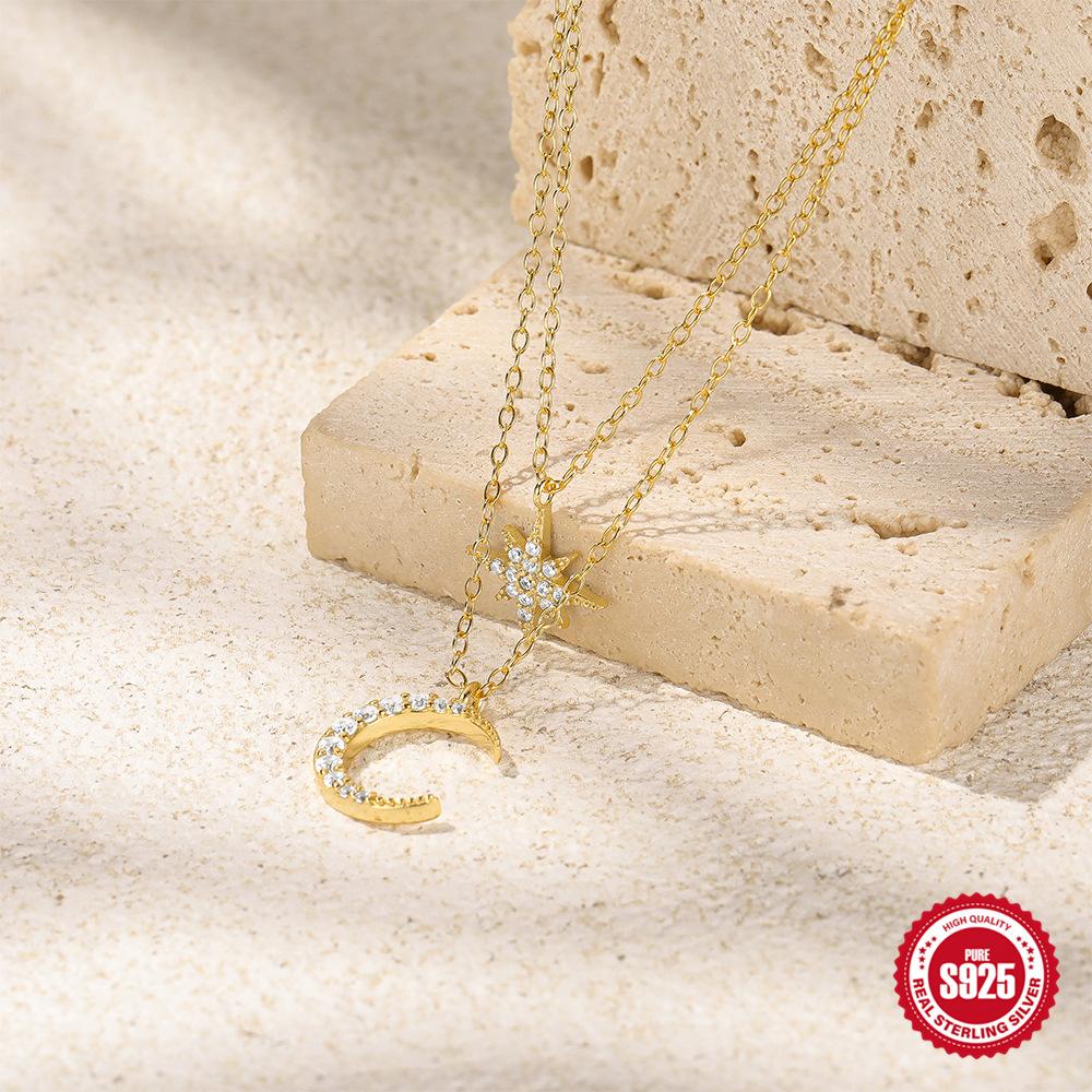 Ожерелье женское из двухслойного серебра S925 с подвеской в виде звезды, луны, бриллиантов, на ключицу, цепочка для поездок на работу и обратно, беззаботное сочетание