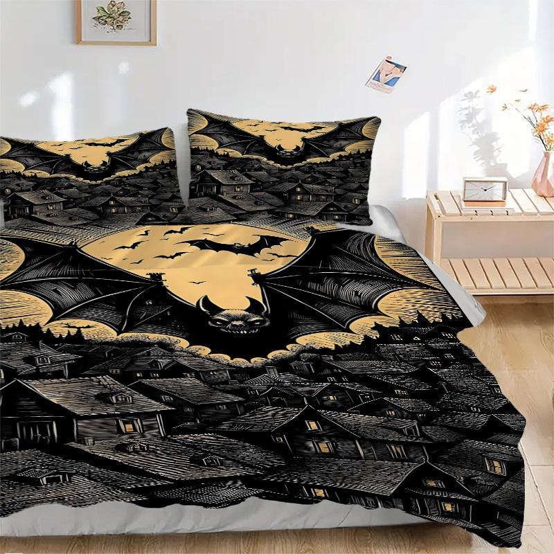 3pcs bedding set Halloween Bat Village Includes 1 Comforter + 2 Pillowcases, Without Pillow Inserts, Soft Comfortable, Lightweight Breathable083