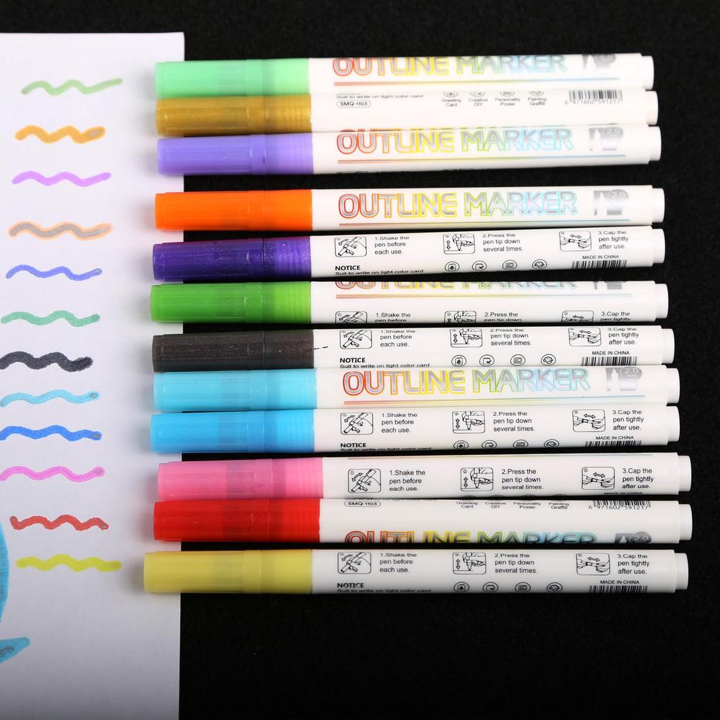 Double Line Pen 8 / 12 Colors 1-3MM Multicolor Glitter Marker Colorful Highlighter Fluorescent Marker Outline Pens