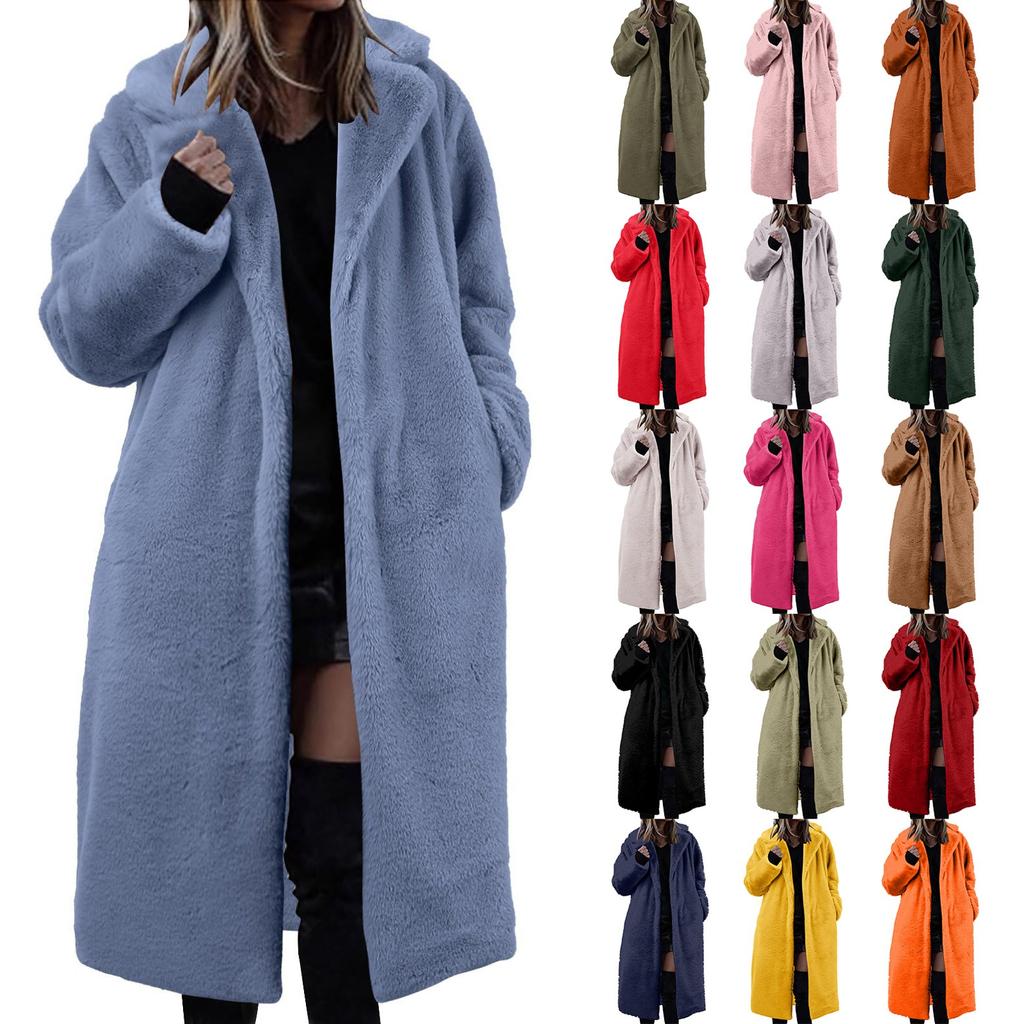 Women's Long Solid Color Fashionable Winter Loose Flip Collar Plush Jacket