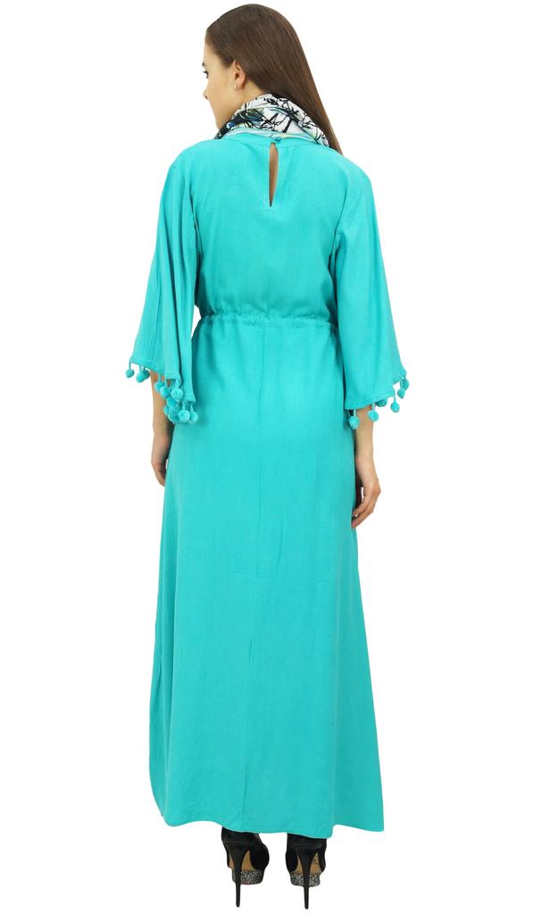 Bimba Женское повседневное платье макси с помпонами и рукавами-колокольчиками цвета морской волны с шарфом -