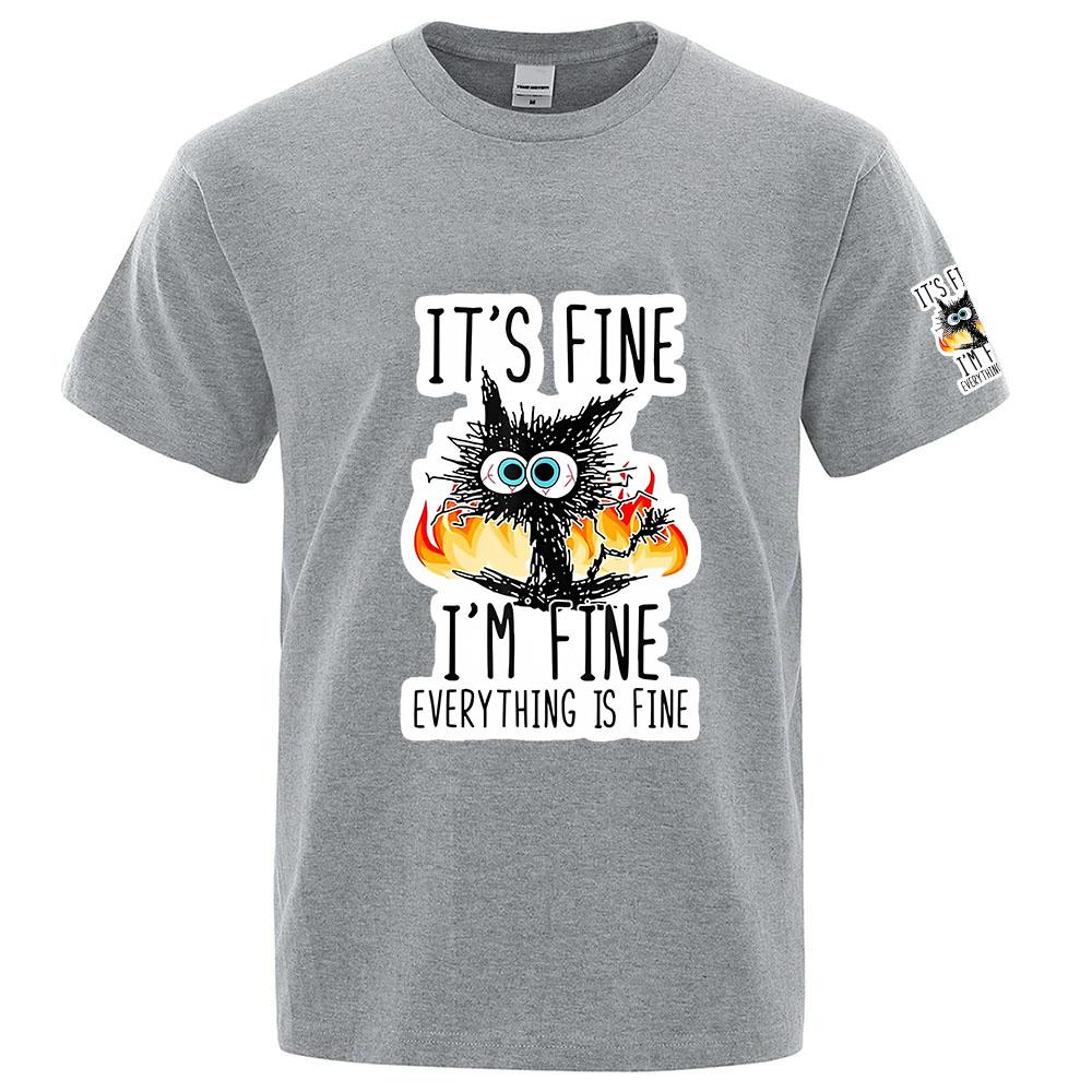 Funny Cool Cat 2025 Unisexs Everything is Fine Logo Print Summer Refreshing and non stick to the body Round Neck Tshirt