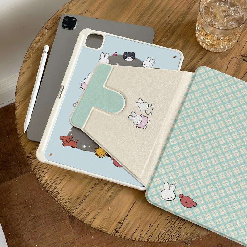 Miffy Rabbit Plaid Tablet Case With Rotating Stand Stylus Slot IPad Mini 6/7 8.3 Air 10.9/11 Pro 11/13 9.7/10.2/10.5 Inch