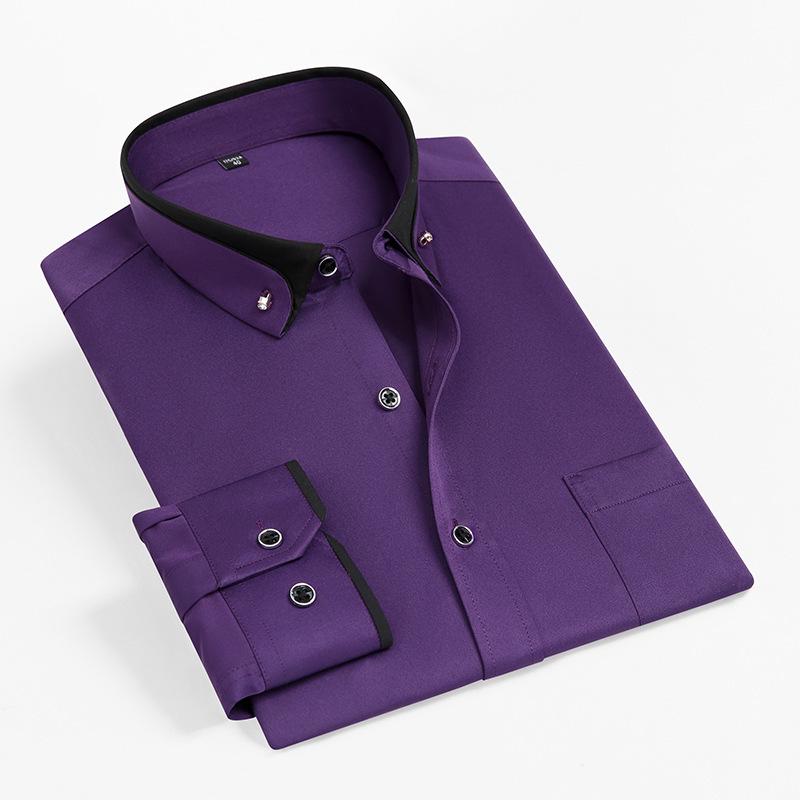 Мужская эластичная рубашка с длинным рукавом, контрастным воротником, не требующая глажки - Деловой кэжуал, Весна/Осень