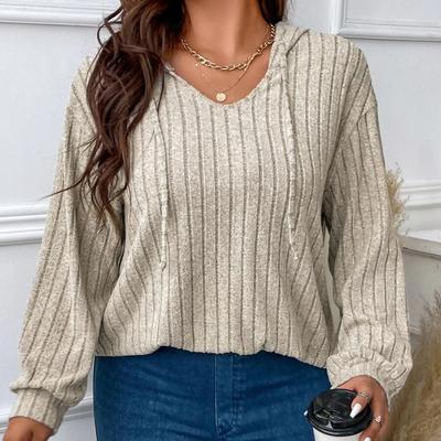 Осенне-зимние однотонные женские топы больших размеров с V-образным вырезом, капюшоном, длинными рукавами, в полоску, с рисунком «под мышкой»