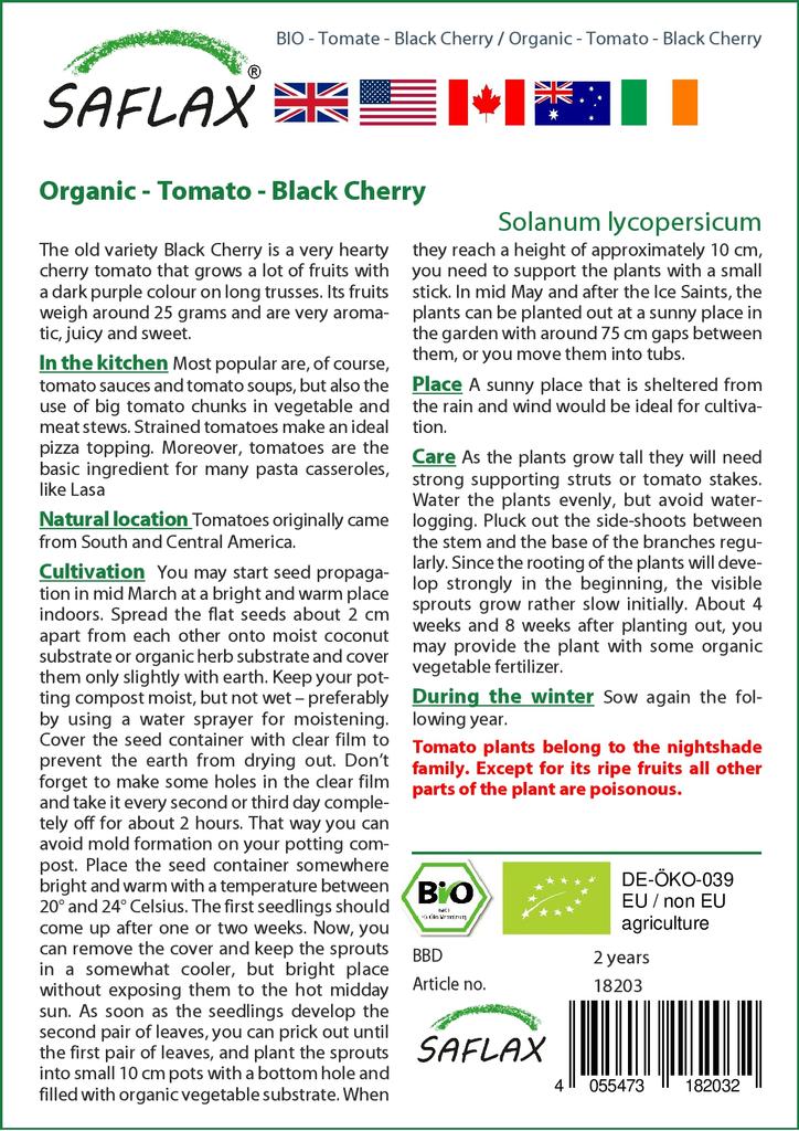 SAFLAX Garden in the Bag - Органический - Помидор - Черная вишня - 10 семян - С субстратом в подходящем пакете - Solanum lycopersicum