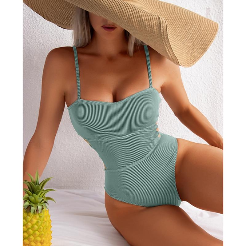 Sexy Ribbed One Piece Swimsuit Solid Swimwear Women 2022 Cut Out Monokini High Cut Swimming Suit For Women Bathing Suits