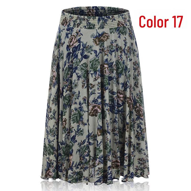 Women's Summer Floral Ice Silk Pleated Skirt - Mid-Length with Elastic Waist