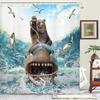 Funny Bear Riding Shark Shower Curtain Ocean Adventure Comical Animal Art Kids Bathroom Decor with 12 Hooks