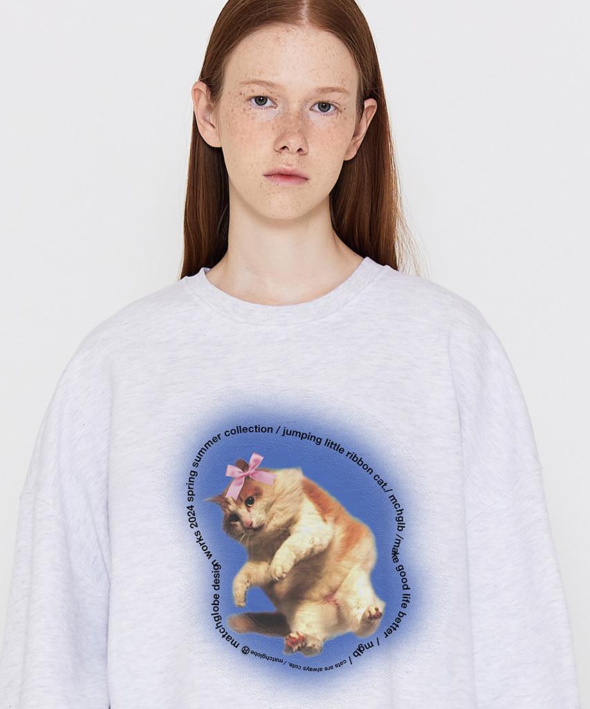 MATCHGLOBE Ribbon Kitten Sweatshirt (Light Melange)