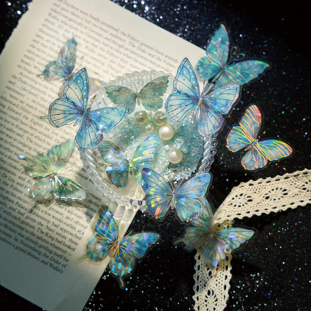 20 pcs Cold Foil Butterfly PET Stickers, Holographic Card Decor, 3D Journal Embellishments
