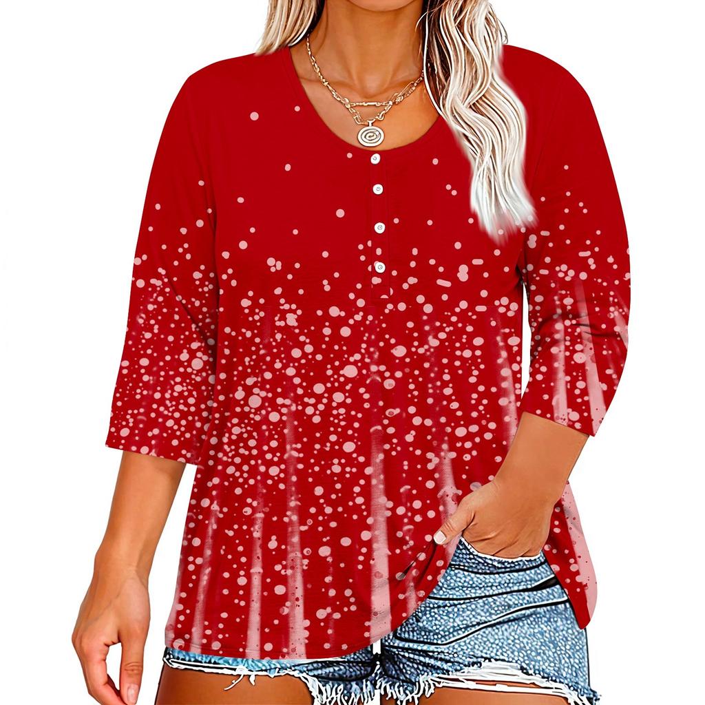 3/4 Sleeve Shirts For Women Print Graphic Tees Button V-neck Blouses Casual Plus Size Basic Tops Pullover