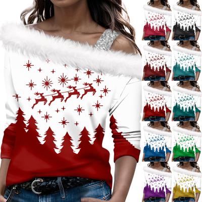 Женские топы с длинным рукавом, модный женский свободный пуловер с принтом рождественской елки и открытыми плечами