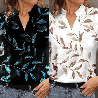 Женский топ с v-образным вырезом и воротником-стойкой, с принтом листьев и короткими рукавами, свободный пуловер, прямая дышащая мягкая повседневная женская футболка