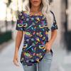 Women's Carnival Mask Print Short Sleeve Loose Round Neck Pleated Top