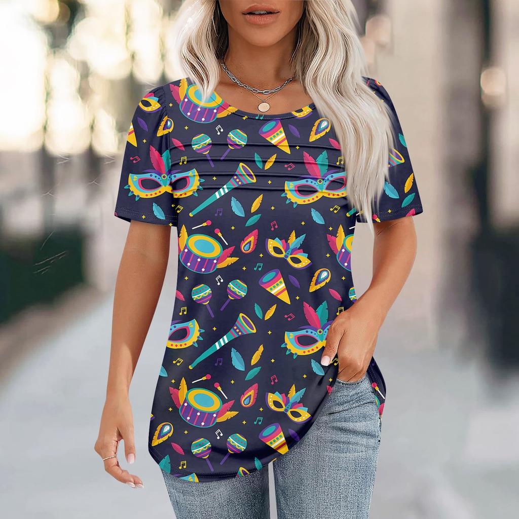 Women's Carnival Mask Print Short Sleeve Loose Round Neck Pleated Top