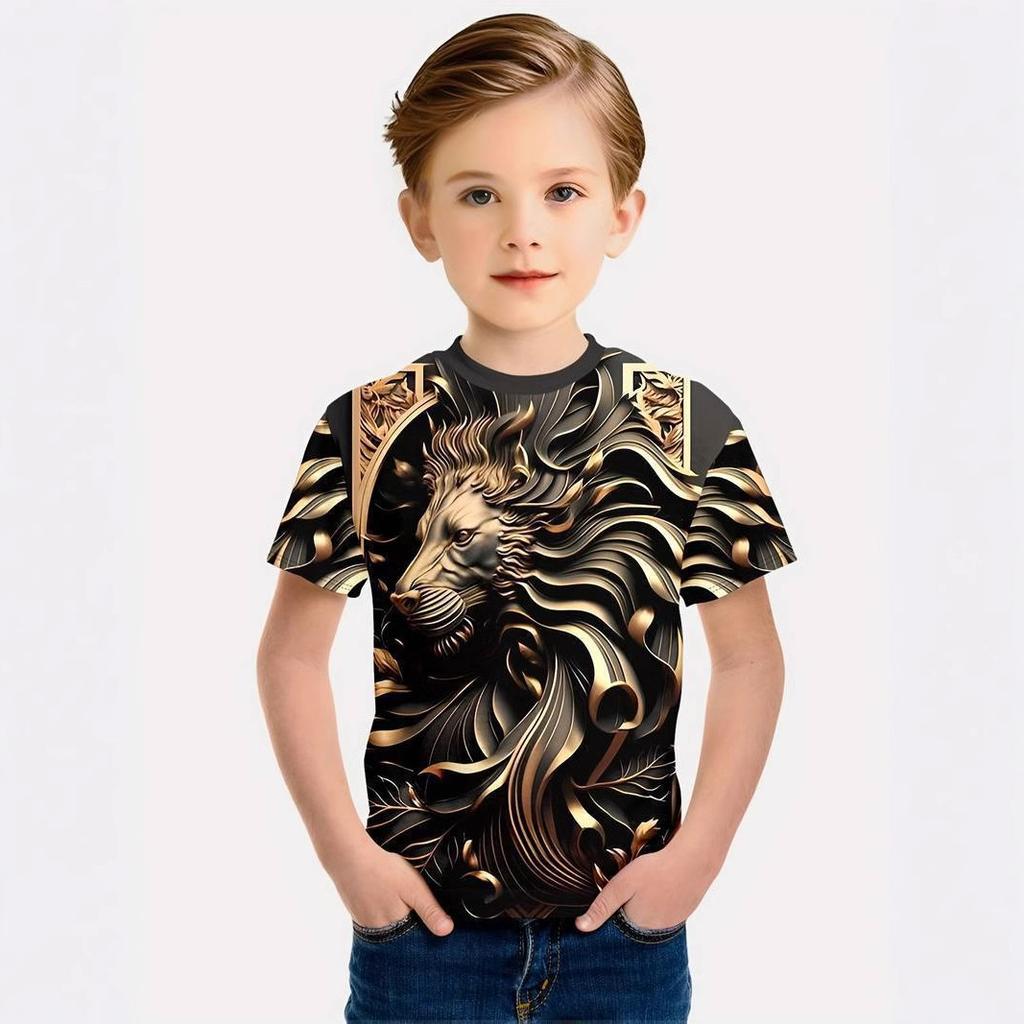 Summer Round Neck 3D Lion Pattern Printed Top Fashionable and Casual Short Sleeved Children's Boy T-shirts