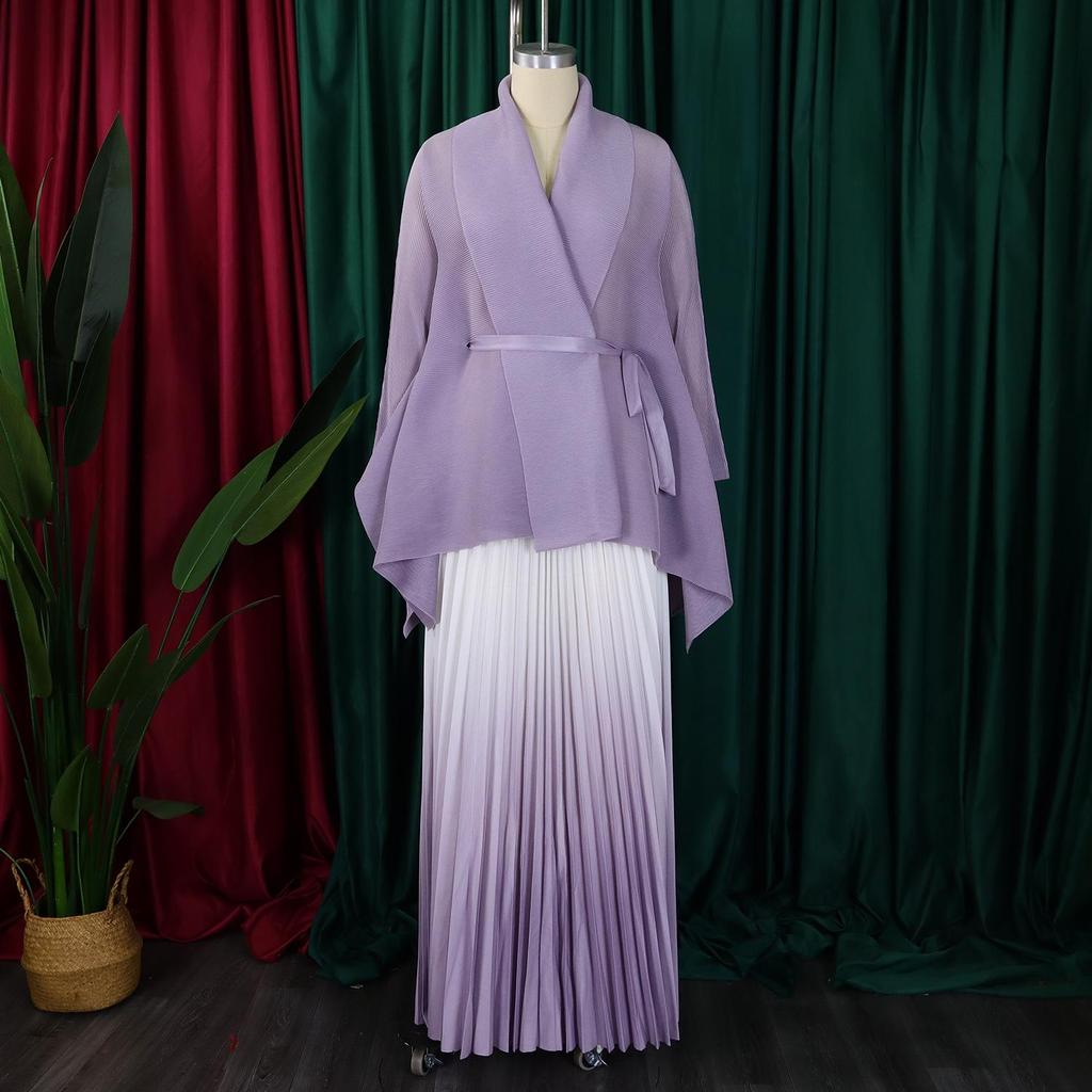 European & American Fashion Pleated Top and Gradient Swing Skirt Two-Piece Set