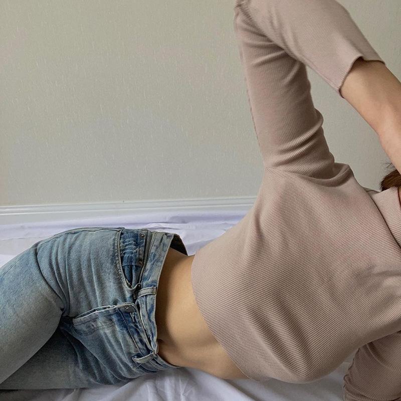 Однотонная телесная укороченная футболка с воротником и воротником, женская осенняя повседневная футболка с длинным рукавом, женская узкая базовая футболка Femme