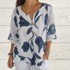 New Printed Cotton and Linen V-neck Button Short Sleeved Pullover Shirt