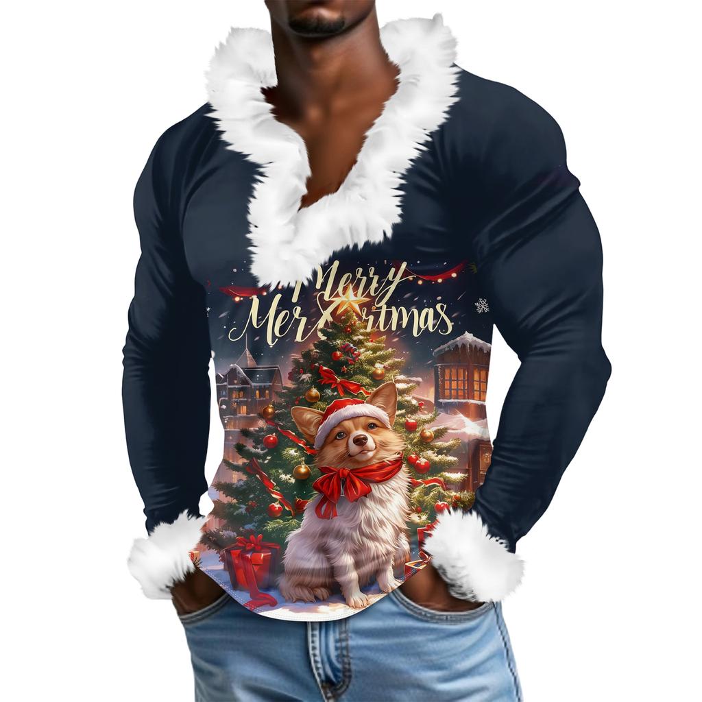Мужской повседневный рождественский плюшевый свитшот с V-образным вырезом и длинными рукавами из флиса
