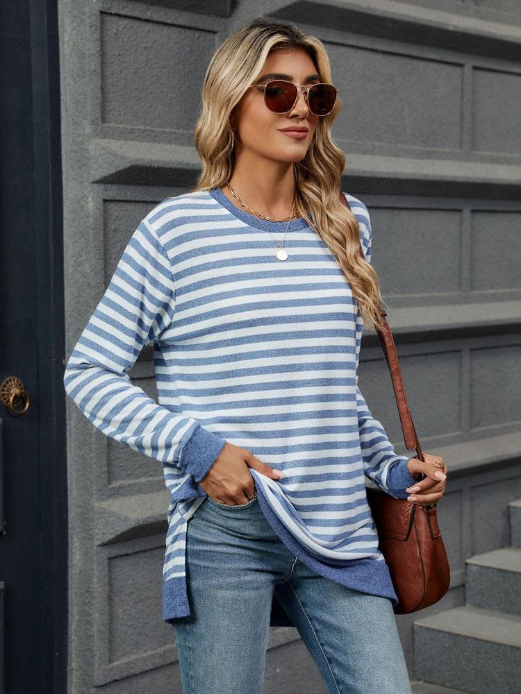 Элегантная и модная осенне-зимняя удобная однотонная полосатая футболка с круглым вырезом и длинными рукавами, повседневная футболка, свитер, толстовка с капюшоном