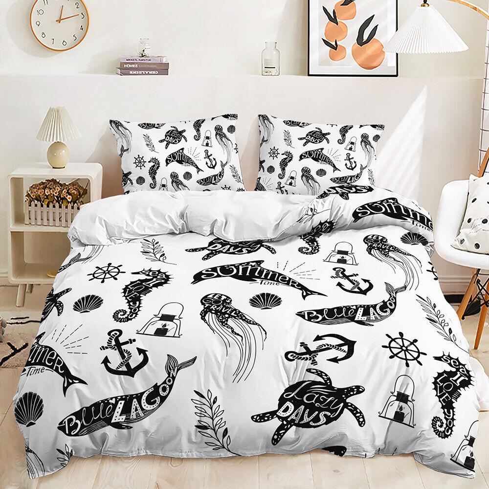 Marine Life Ocean Turtle Sea Dolphin Fish Anchor Doona Duvet Quilt Cover Bed Set