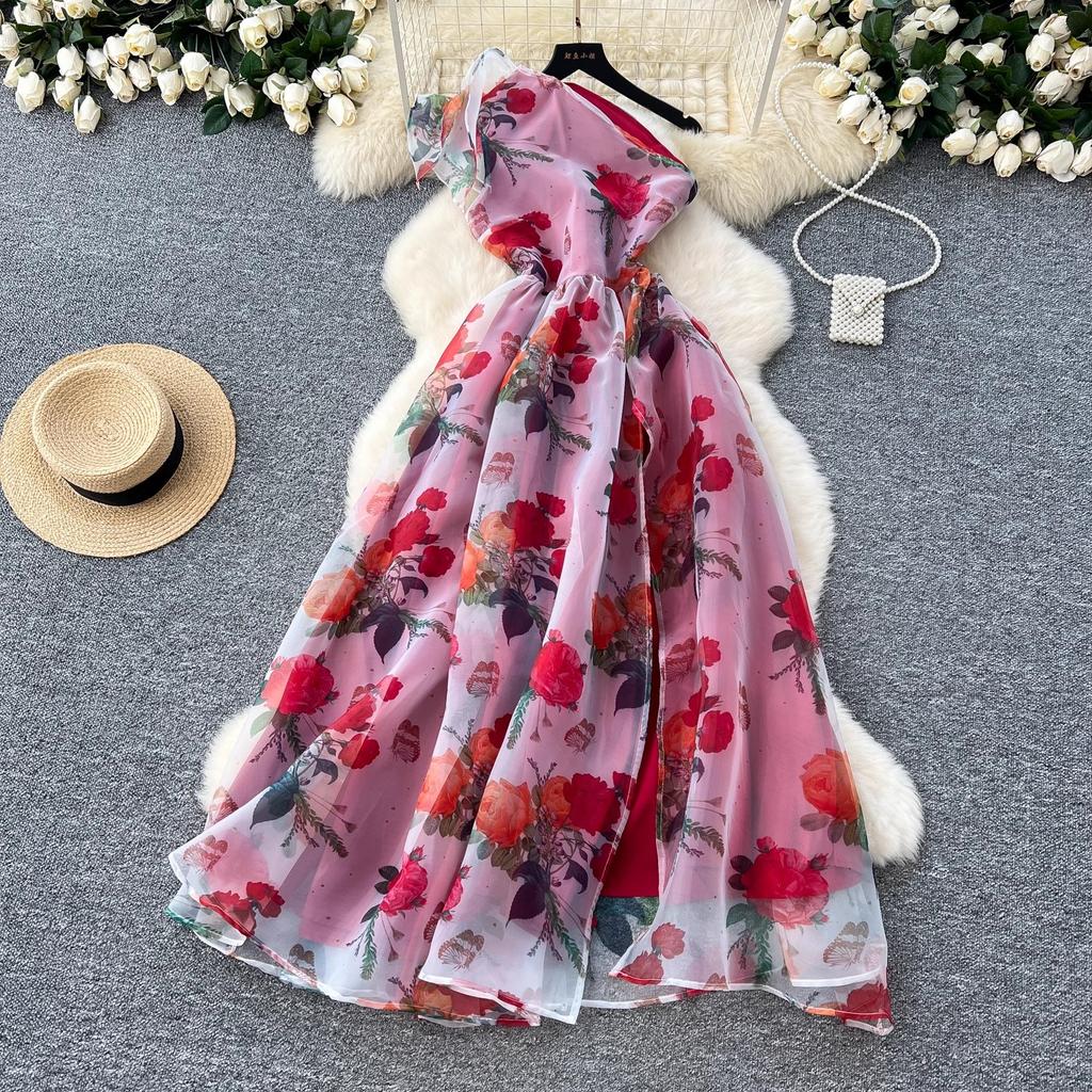 Летнее великолепное платье из органзы с цветочным принтом, женское платье на одно плечо с бантом и цветочным принтом, с высокой талией, в стиле бохо, с длинным разрезом