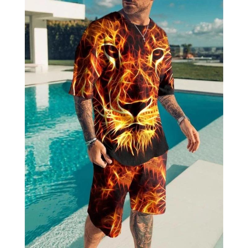 Roar Golden Lion Head короткий рукав 2 шт. комплект 3D принт мужская толстовка с круглым вырезом футболка комплект мужской свободный костюм футболка мужская одежда