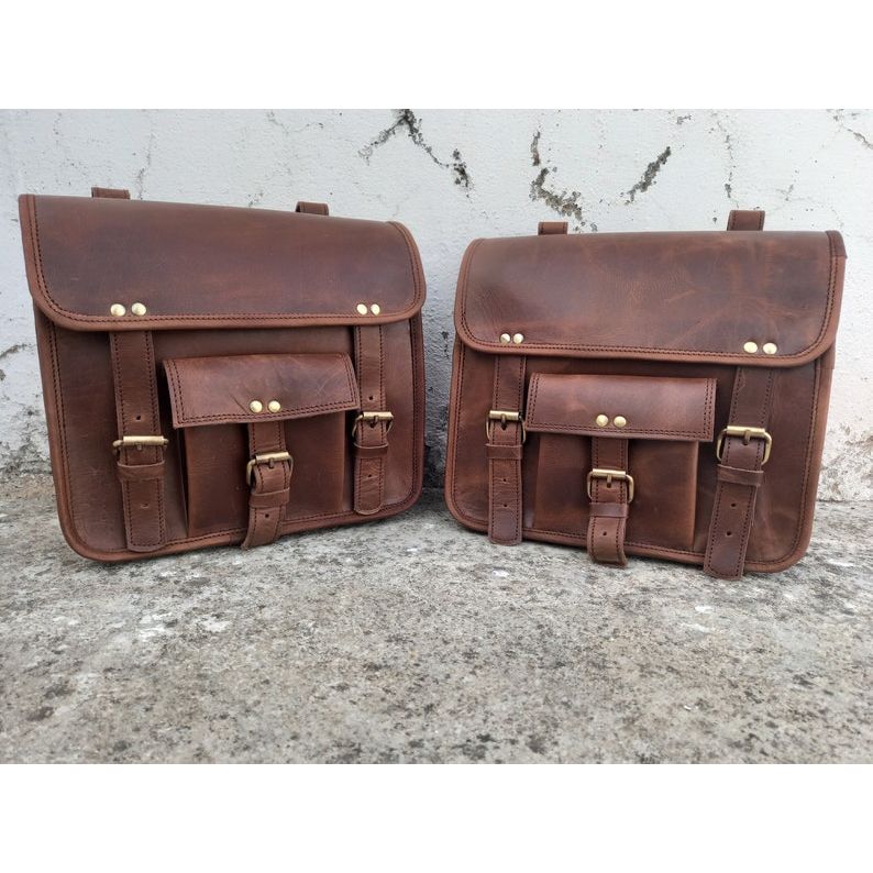 Leather Motorcycle Saddle Bag Brown Leather Saddlebags Panniers Motorbike Buffalo Leather Set of 2 Bags