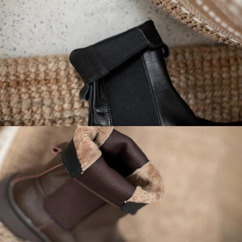 Fashion Hot Genuine Leather Women's Boots Office Lady Slip-On Chelsea Boots Fashion Ankle Boots Round Toe Flat with Women Shoes Platform