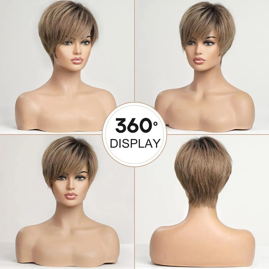 HAIRCUBE Парики спереди на шнуровке Ombre Коричневые человеческие волосы Remy Пепельно-коричневые волосы со стрижкой пикси с челкой Короткий прямой парик для женщин Боб Человеческий парик