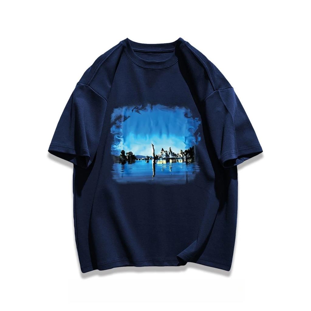 2025 Heavy Pure Cotton American Casual Landscape Printing T-shirt Couple Versatile Loose Trendy Brand Autumn and Winter T-shirt